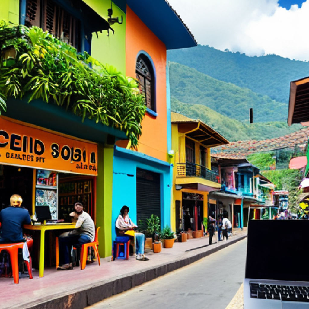 **A vibrant street scene in Medellin, Colombia.** Focus on the colorful buildings and lush greenery. Show a digital nomad working on a laptop at a cafe, blending in with the local atmosphere. Include subtle Urdu text on shop signs for localization.