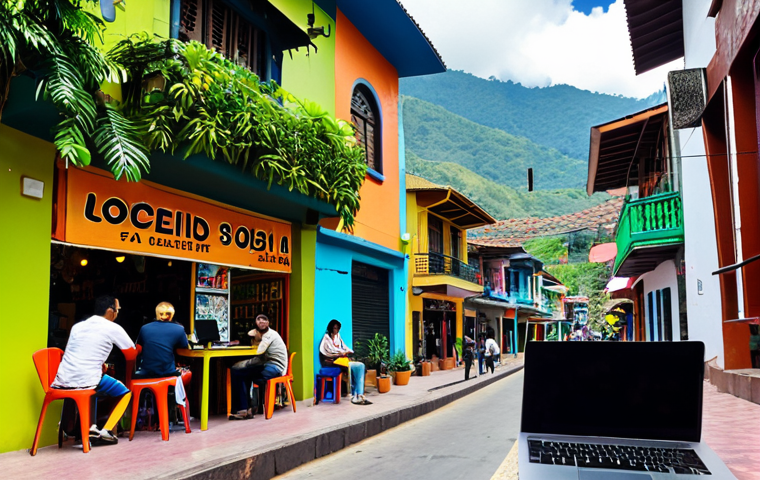 **A vibrant street scene in Medellin, Colombia.** Focus on the colorful buildings and lush greenery. Show a digital nomad working on a laptop at a cafe, blending in with the local atmosphere. Include subtle Urdu text on shop signs for localization.