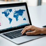 A professional digital nomad, fully clothed in modest business casual attire, focused on a laptop in a brightly lit, modern co-working space. The scene subtly highlights versatility with a tablet showing a website design mock-up and a notebook with content ideas. The background features a blurred world map, symbolizing remote work and global connectivity. The subject exhibits perfect anatomy, correct proportions, and a natural pose with well-formed hands and proper finger count. Professional photography, high resolution, realistic, appropriate content, safe for work, professional dress, natural body proportions.