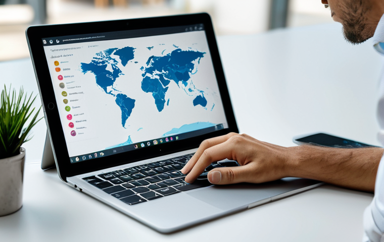 A professional digital nomad, fully clothed in modest business casual attire, focused on a laptop in a brightly lit, modern co-working space. The scene subtly highlights versatility with a tablet showing a website design mock-up and a notebook with content ideas. The background features a blurred world map, symbolizing remote work and global connectivity. The subject exhibits perfect anatomy, correct proportions, and a natural pose with well-formed hands and proper finger count. Professional photography, high resolution, realistic, appropriate content, safe for work, professional dress, natural body proportions.