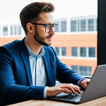A professional digital nomad, fully clothed in modest business casual attire, intently focused on a laptop screen while seated at a clean, modern desk in a well-lit co-working space. The background subtly features elements of a vibrant, culturally rich city, visible through a large window, suggesting international travel and remote work. The image emphasizes high-speed internet connectivity and a productive environment. Perfect anatomy, correct proportions, natural pose, well-formed hands, proper finger count. Safe for work, appropriate content, professional, high quality digital photography.
