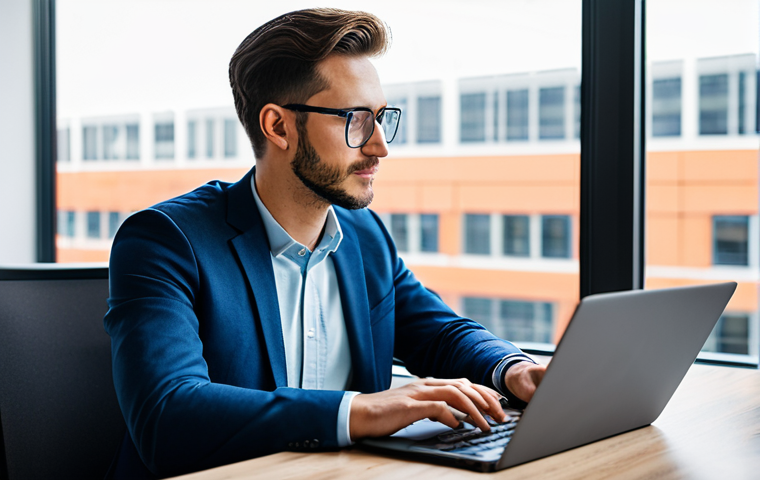 A professional digital nomad, fully clothed in modest business casual attire, intently focused on a laptop screen while seated at a clean, modern desk in a well-lit co-working space. The background subtly features elements of a vibrant, culturally rich city, visible through a large window, suggesting international travel and remote work. The image emphasizes high-speed internet connectivity and a productive environment. Perfect anatomy, correct proportions, natural pose, well-formed hands, proper finger count. Safe for work, appropriate content, professional, high quality digital photography.