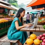 디지털 노마드의 여행 목적지 추천 - **"A vibrant and bustling scene in a Southeast Asian market. A female digital nomad, in her late 20s...