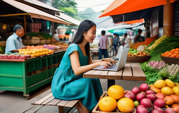 디지털 노마드의 여행 목적지 추천 - **"A vibrant and bustling scene in a Southeast Asian market. A female digital nomad, in her late 20s...