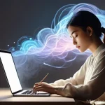 디지털 노마드의 경쟁력 있는 기술 개발 - **Prompt:** A young woman, dressed in a stylish yet modest long-sleeved blouse and trousers, sits at...