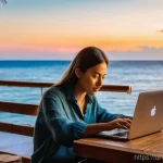 디지털 노마드의 일과 삶의 조화 찾기 - **Prompt:** "A focused and determined female digital nomad, in her early thirties, is intensely work...