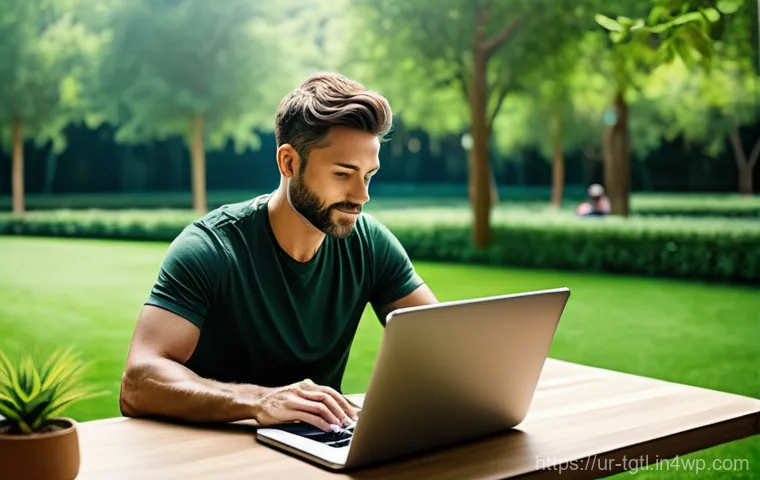 디지털 노마드의 일과 삶의 조화 찾기 - **Prompt:** "A focused and determined female digital nomad, in her early thirties, is intensely work...