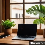 디지털 노마드의 자원 관리와 환경 보호 - A modern digital nomad workspace set in a cozy, eco-friendly cafe in Karachi, Pakistan, showcasing e...