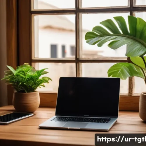 디지털 노마드의 자원 관리와 환경 보호 - A modern digital nomad workspace set in a cozy, eco-friendly cafe in Karachi, Pakistan, showcasing e...