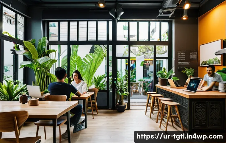디지털 노마드를 위한 최적의 도시 선정 - A vibrant digital nomad coworking space in Bangkok, Thailand, bustling with diverse professionals us...