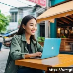 디지털 노마드의 지역별 안전 평가 - A digital nomad woman wearing casual travel clothes and a lightweight jacket, sitting at a cozy caf&eacute;...