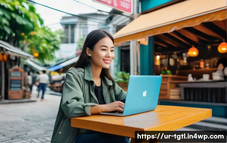 디지털 노마드의 지역별 안전 평가 - A digital nomad woman wearing casual travel clothes and a lightweight jacket, sitting at a cozy café...