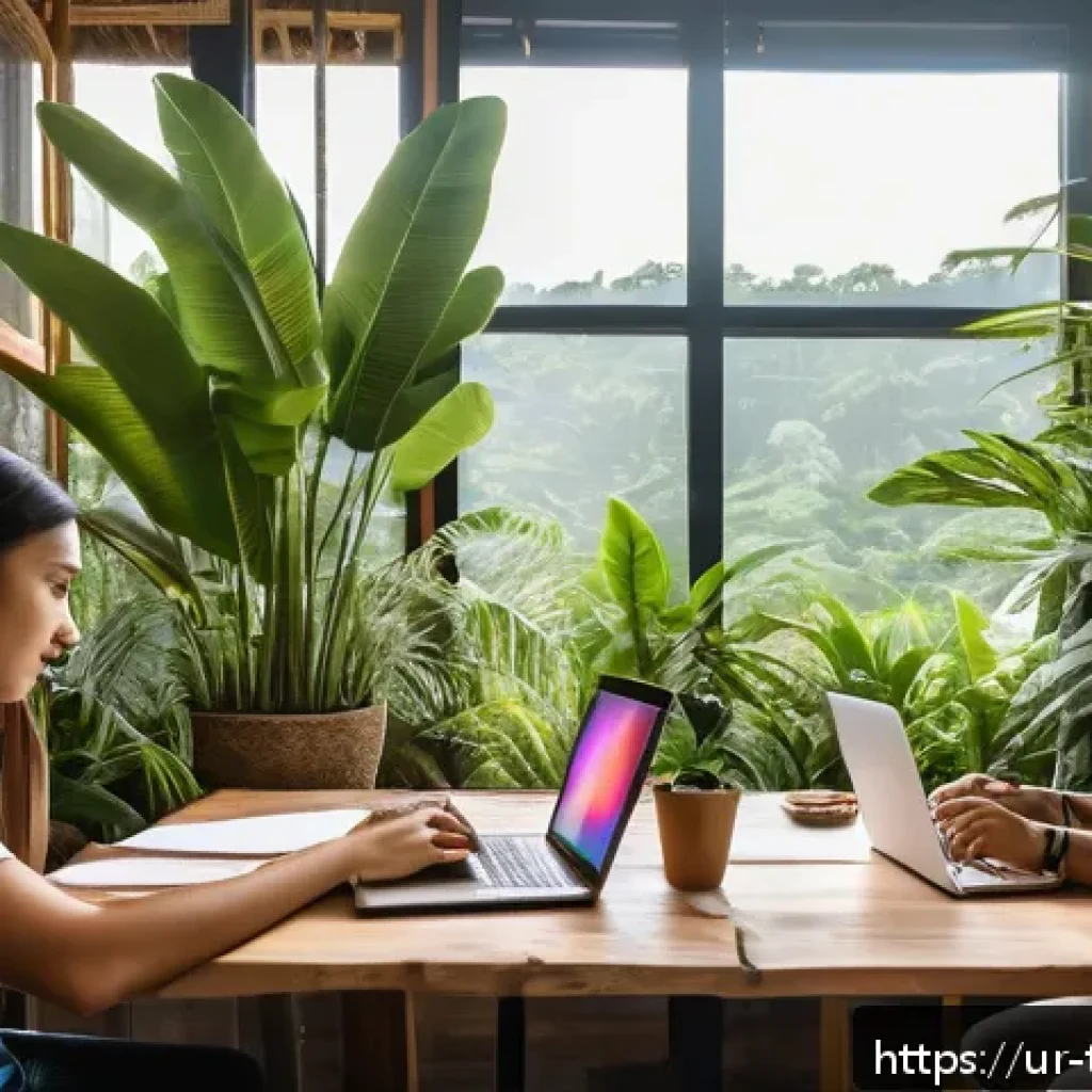 디지털 노마드의 여행지 선정 기준 - A vibrant digital nomad coworking space in Bali, Indonesia, filled with diverse professionals from a...