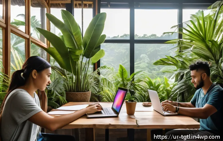 디지털 노마드의 여행지 선정 기준 - A vibrant digital nomad coworking space in Bali, Indonesia, filled with diverse professionals from a...