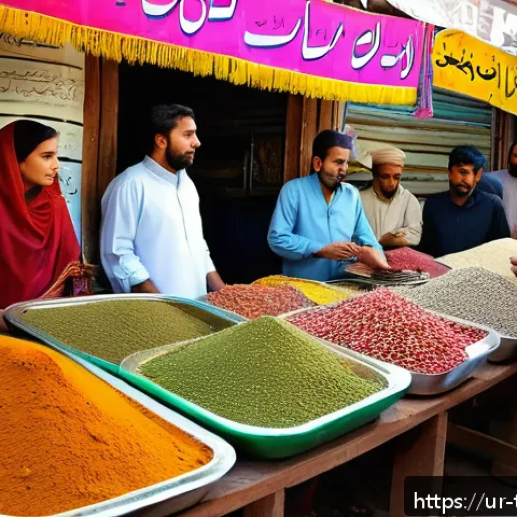 디지털 노마드의 문화적 적응 방법 - A vibrant scene of a traditional Pakistani marketplace bustling with people in colorful attire, wome...