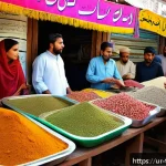 디지털 노마드의 문화적 적응 방법 - A vibrant scene of a traditional Pakistani marketplace bustling with people in colorful attire, wome...