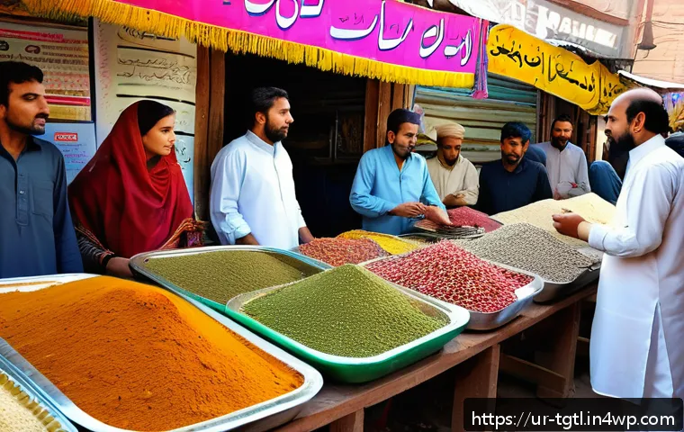디지털 노마드의 문화적 적응 방법 - A vibrant scene of a traditional Pakistani marketplace bustling with people in colorful attire, wome...