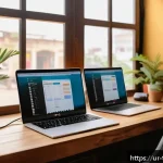 디지털 노마드의 업무 효율성 향상 팁 - A serene, well-organized digital nomad workspace set in a cozy caf&eacute; in Karachi, Pakistan, with warm ...