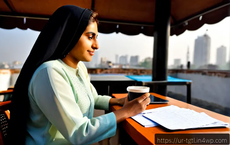 Home 17 디지털 노마드의 자아 실현과 목표 설정 - Photorealistic Pakistani digital nomad in modest smart-casual shalwar kameez, working on a laptop at...
