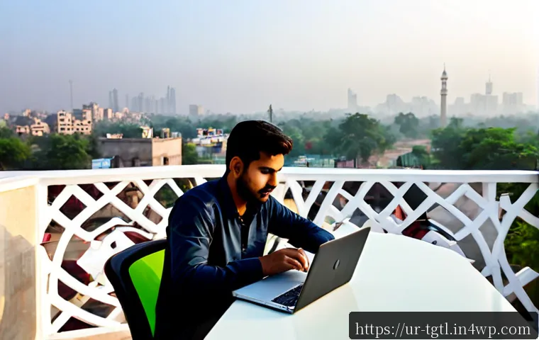 Home 17 디지털 노마드의 글로벌 비즈니스 환경 - Photorealistic digital nomad working on a laptop at a bright modern coworking terrace in Lahore, Pak...